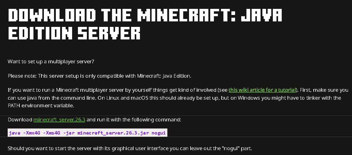 The minecraft.net server download page, showing the minecraft_server download link and the java run command.